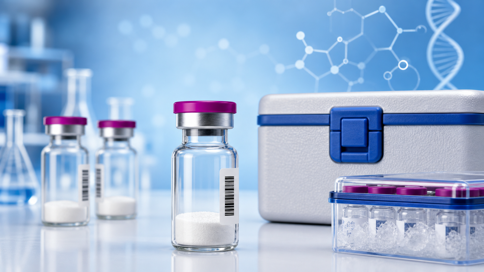 What Researchers Should Know About Lyophilized Peptide Powder Lyophilized peptide powder vial and cold-chain storage box for laboratory research