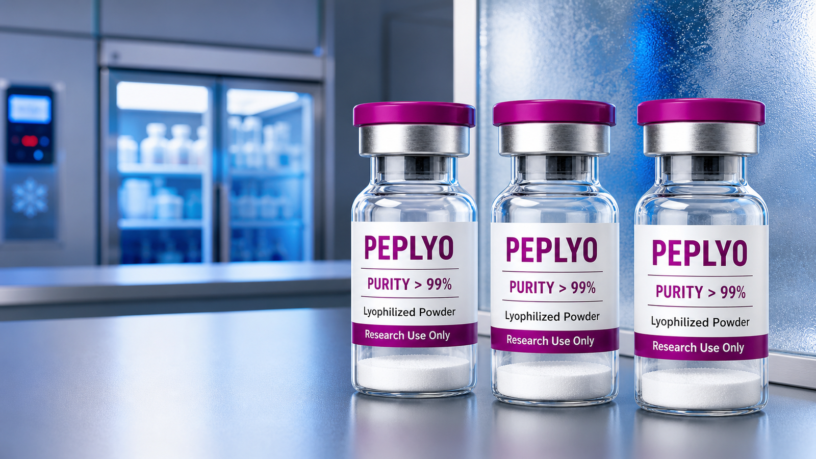 Why Cold-Chain-Aware Shipping Matters for Research Peptides PEPLYO research-use lyophilized peptide powder vials in a laboratory setting