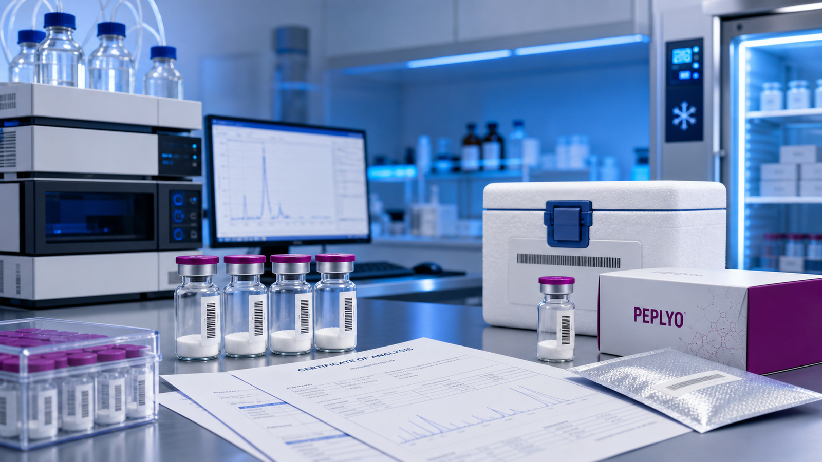 Peptide Purity, COA, HPLC, and MS: What Do They Mean? Research peptide quality control documents, sealed vials, and laboratory equipment