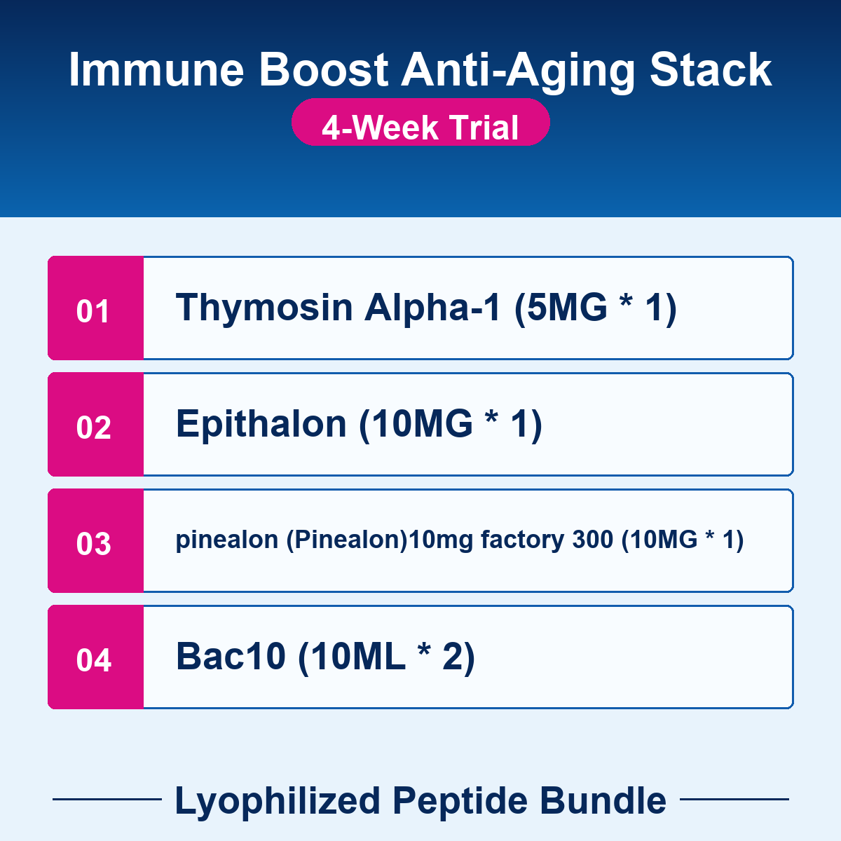 PEP-BUNDLE-10-4w Immune Boost Anti-Aging Stack - 4-Week Trial checklist bundle image Immune Boost Anti-Aging Stack - 4-Week Trial - Lyophilized Peptide Bundle